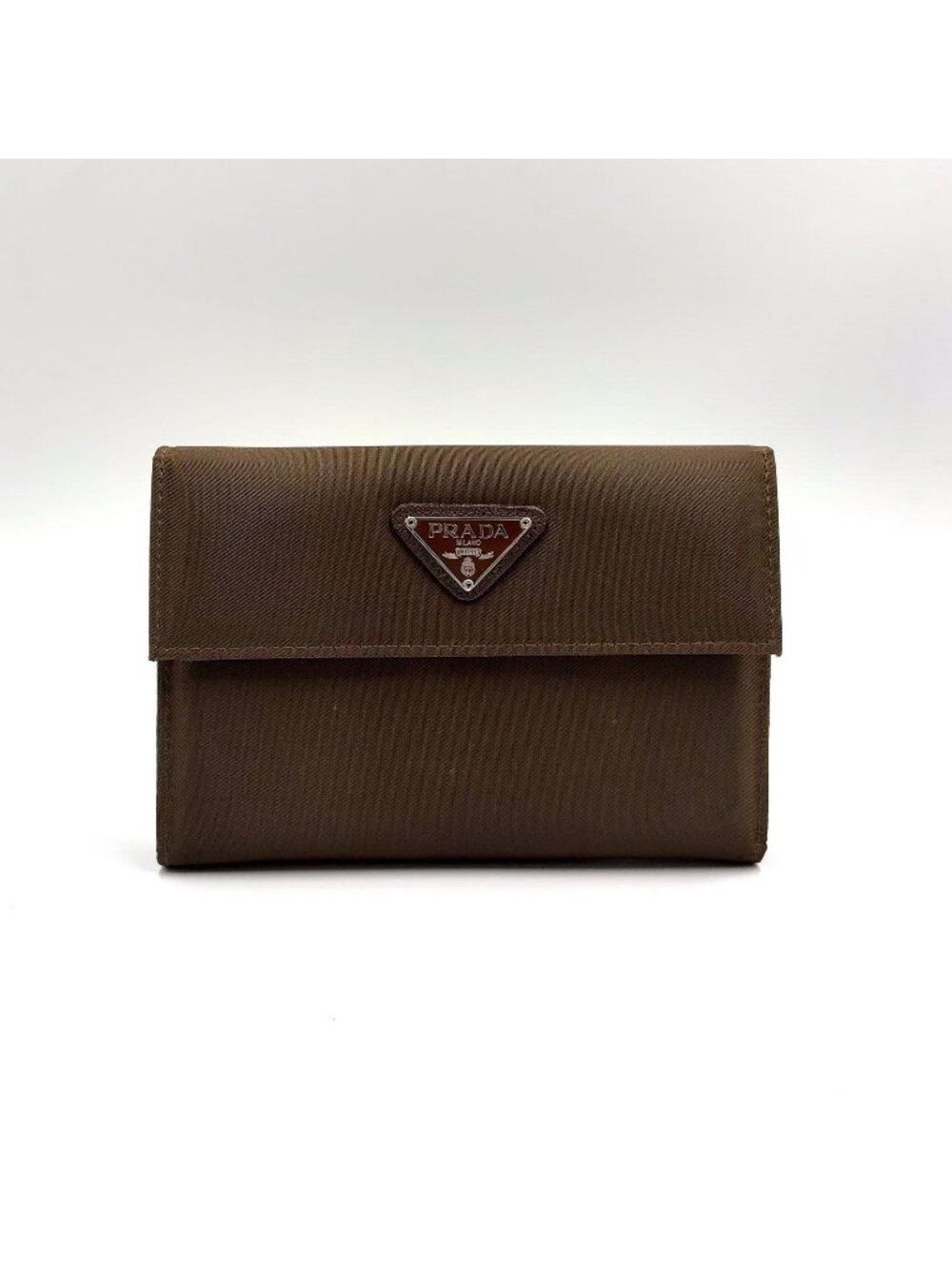 Prada Leather Nylon Brown Trifold Wallet Silver
